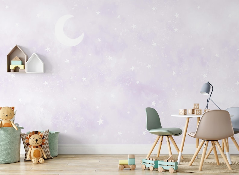 Light Purple Moon Stars Wall Mural - Pastel Watercolor Wallpaper ...