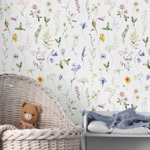 Colored Delicate Wildflowers Peel & Stick Wallpaper - Petite Floral Removable Wallcover - Botanical Garden Self Adhesive Wall Mural S072