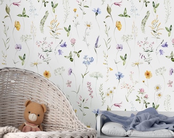 Colored Delicate Wildflowers Peel & Stick Wallpaper - Petite Floral Removable Wallcover - Botanical Garden Self Adhesive Wall Mural S072