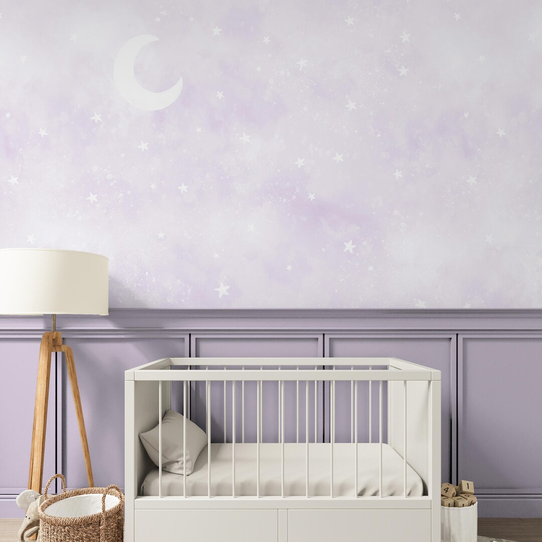 Light Purple Moon Stars Wall Mural - Pastel Watercolor Wallpaper ...