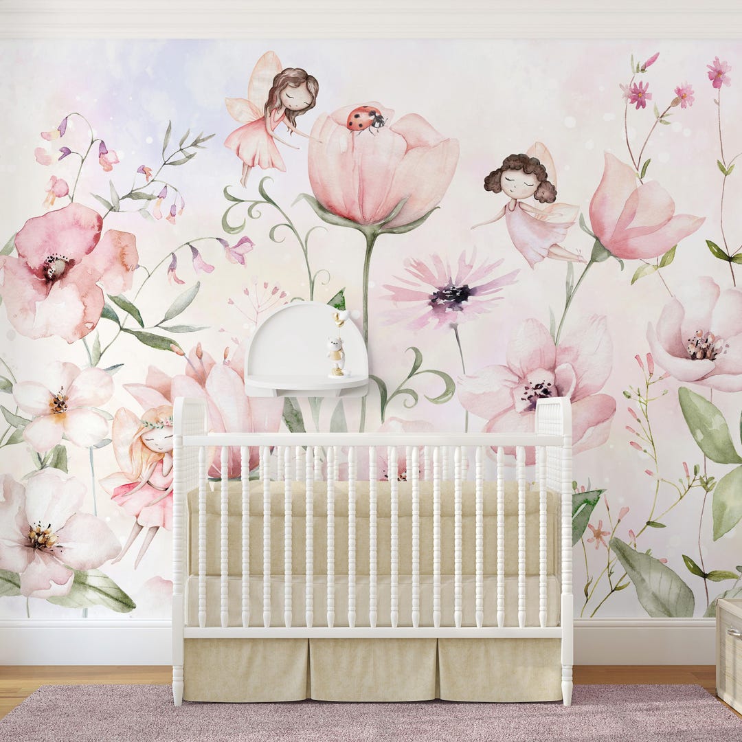 Pink Flowers Fairy Nursery Wall Mural - Fairytale Pastel Floral Peel ...