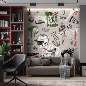 Peut inclure: Une murale sur le thème du baseball avec un fond gris présentant des illustrations et du texte liés au baseball. La conception comprend des balles de baseball, un casque, un maillot et les mots "Classic League Baseball" et "Big League". Un canapé gris avec des coussins et une couverture est devant la murale.