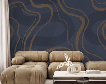 Navy Blue Brown Abstract Wall Mural - Modern Minimalist Wavy Line Peel and Stick Wallpaper SM123