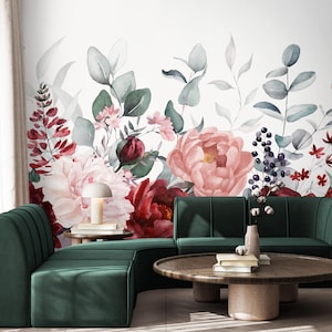 Burgundy Pink Flowers Peel & Stick Wall Mural - Elegant Pastel Floral Removable Wallcover - Botanical Garden Self Adhesive Wallpaper SM023