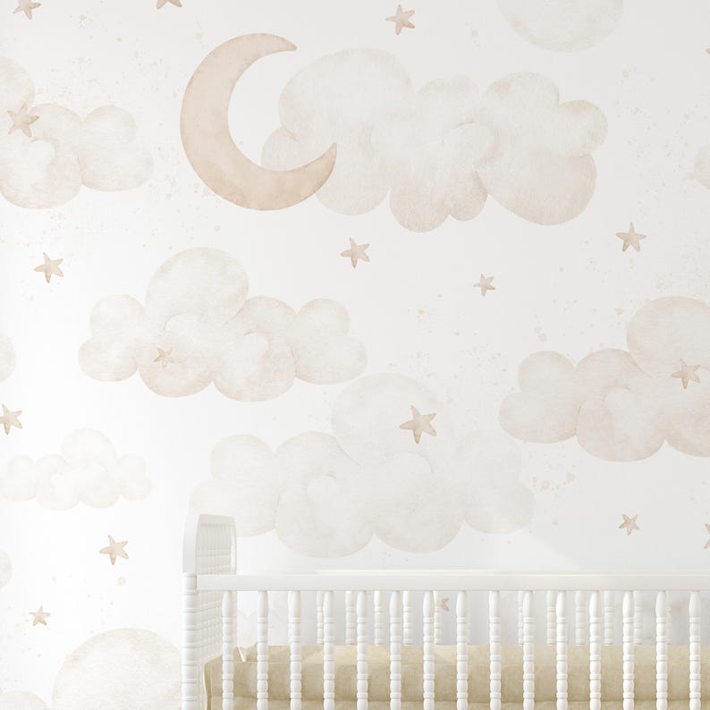 Beige Moon Clouds Stars Wall Mural - Pastel Watercolor Peel and Stick ...