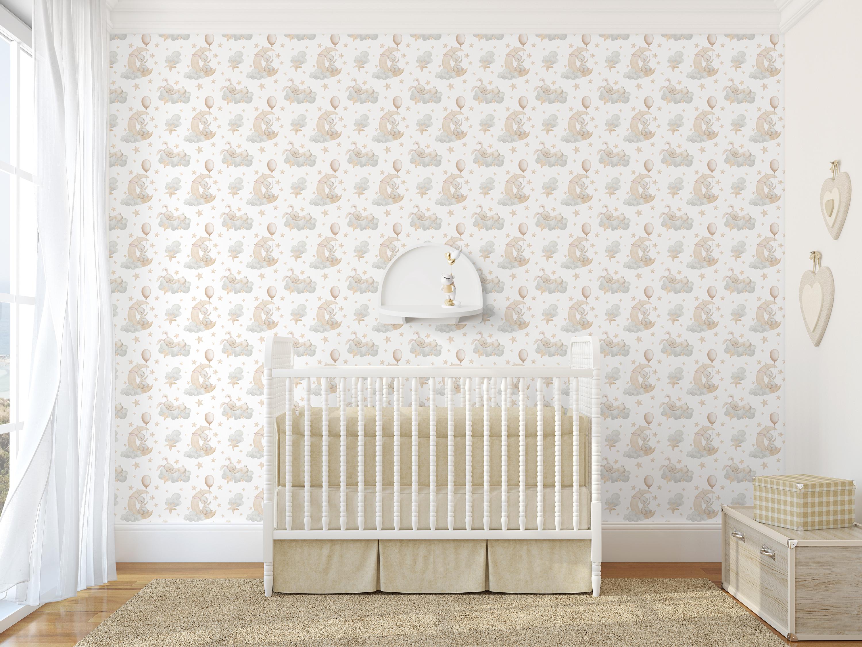Bunny Clouds Wallpaper - Pastel Watercolor Moon Stars Peel and Stick ...