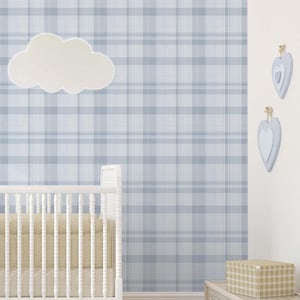Blue Plaid Peel & Stick Wallpaper - Checkered Print Removable Wallcover - Gingham Farmhouse Style Self Adhesive Wall Mural S008