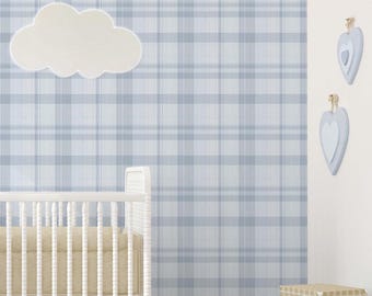 Blue Plaid Peel and Stick Wallpaper - Tartan Check Gingham Farmhouse Nursery Wall Mural S008