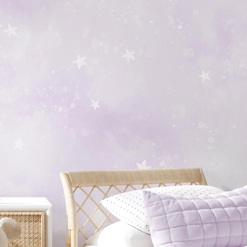 Light Purple Moon Stars Wall Mural - Pastel Watercolor Wallpaper ...