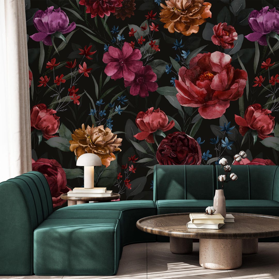 Dark Floral Flowers Peel and Stick Wall Mural – Peony Red Botanical ...