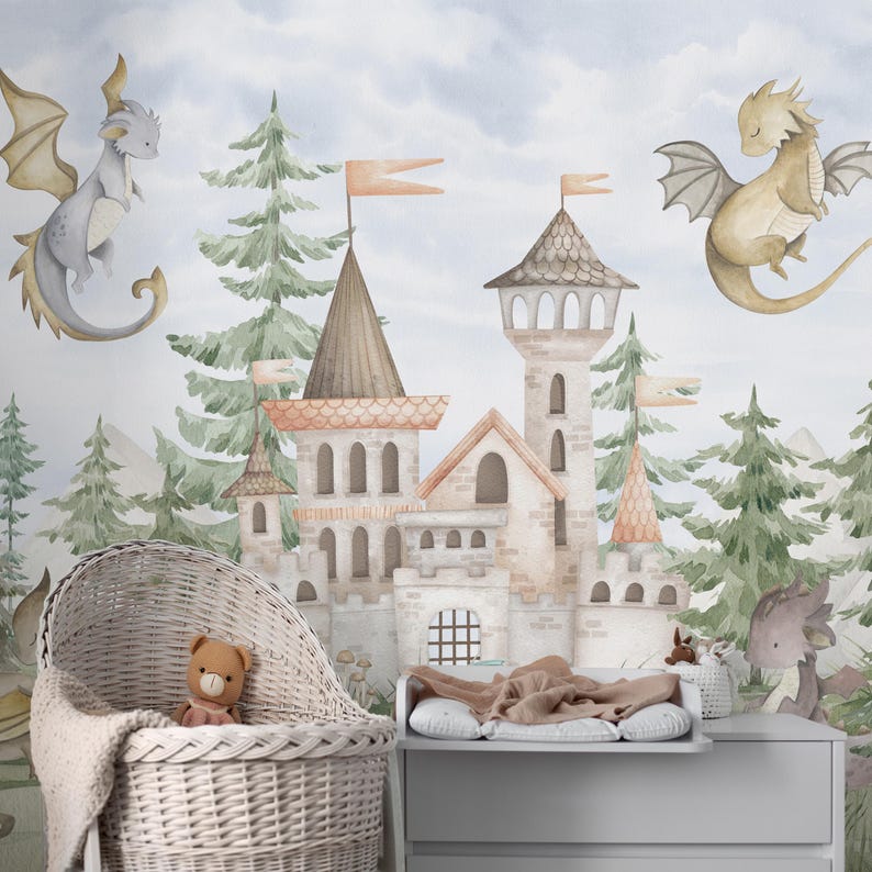 Dragons Castle Nursery Wallpaper With Watercolor Kids Forest SM038 - Etsy