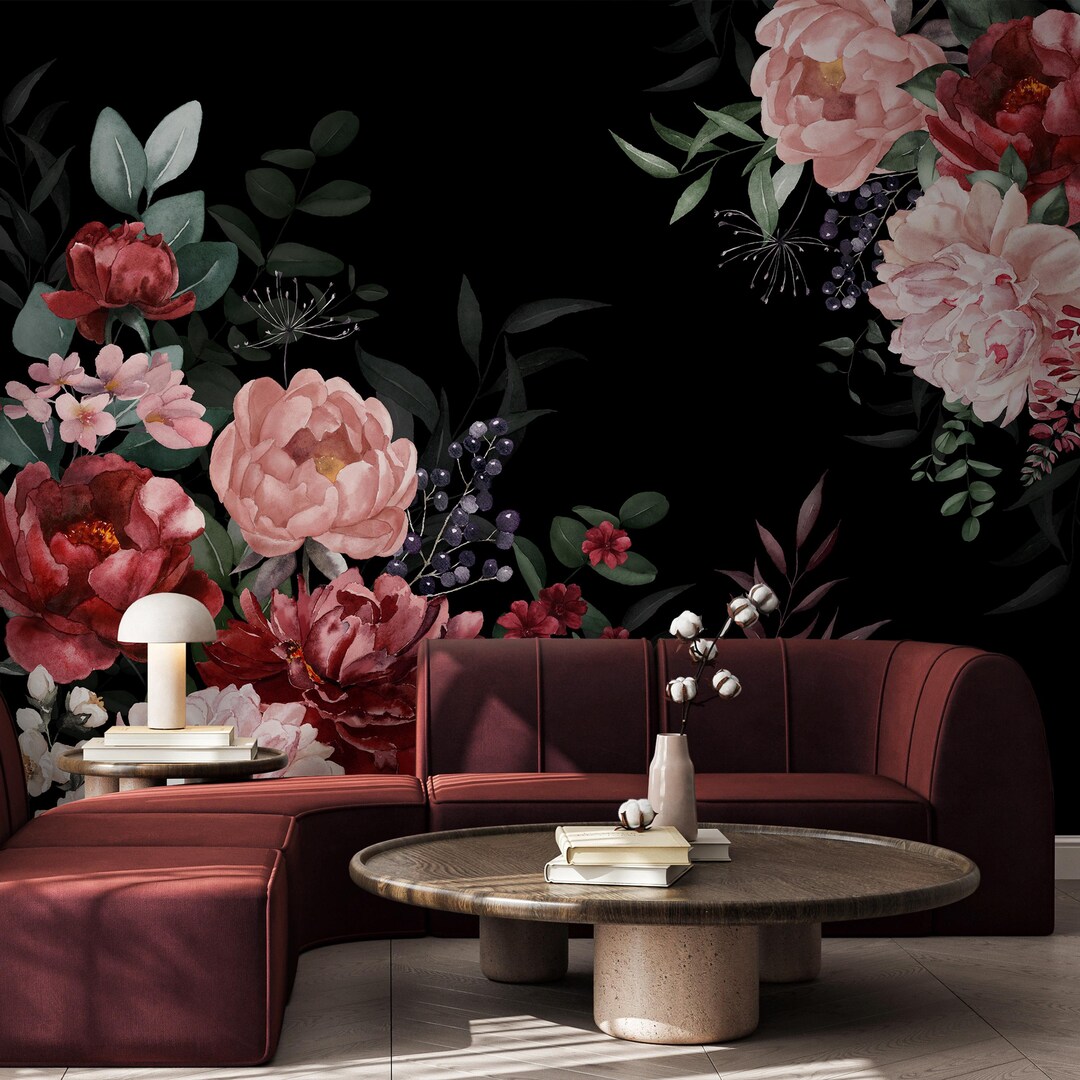 Dark Pink Red Flowers Bouquet Peel & Stick Wall Mural - Elegant Floral ...