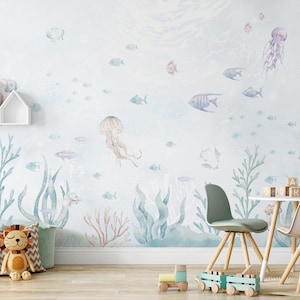 Blue Undersea World Peel & Stick Wall Mural - Cute Tiny Fish Pattern Removable Wallcover - Kid Nursery Ocean Self Adhesive Wallpaper SM059