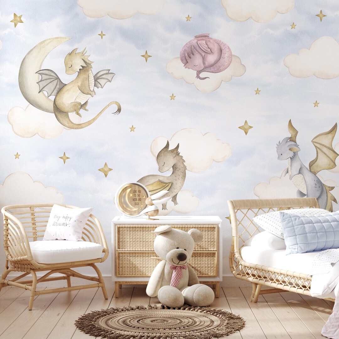 Blue Sky Dragons Peel and Stick Wall Mural - Watercolor Kids Nursery ...