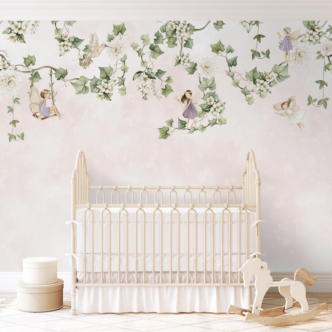 Magical Fairy Nursery Wall Mural - Hanging Vine Fairytale Pastel Floral ...