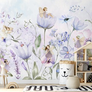 Purple Flower Fairy Peel & Stick Wall Mural - Cute Fairytale Pattern ...