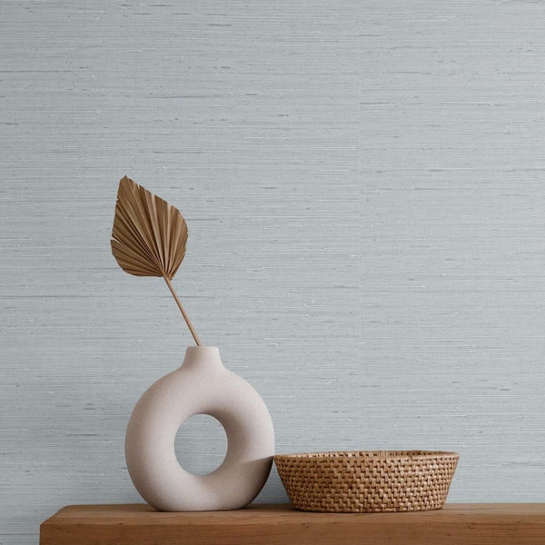 Misty Coast Grasscloth Faux Texture - Light Blue Traditional Vinyl Wallpaper TS80722