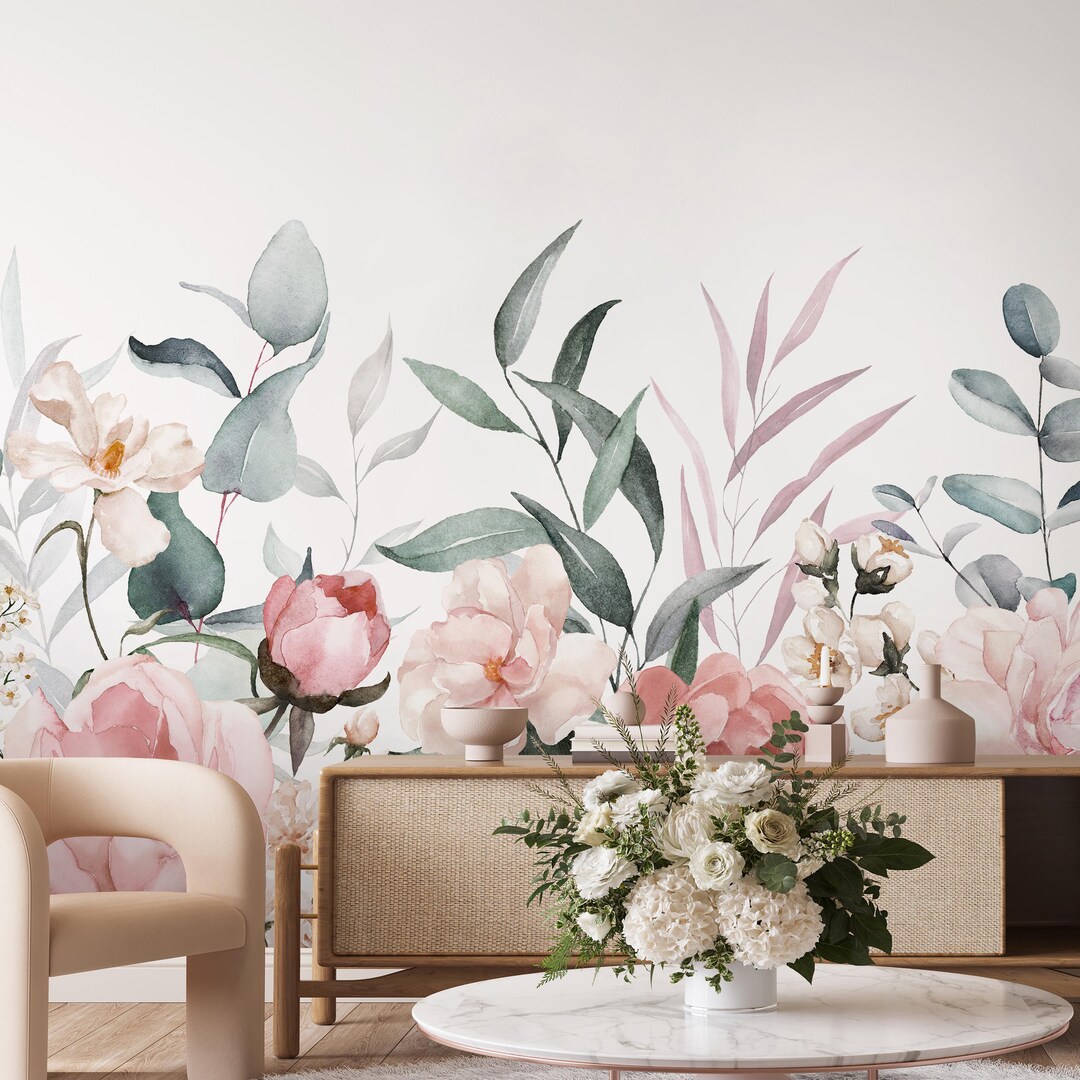 Botanical Pink Flowers Floral Wall Mural - Blush Peony Eucalyptus Peel ...