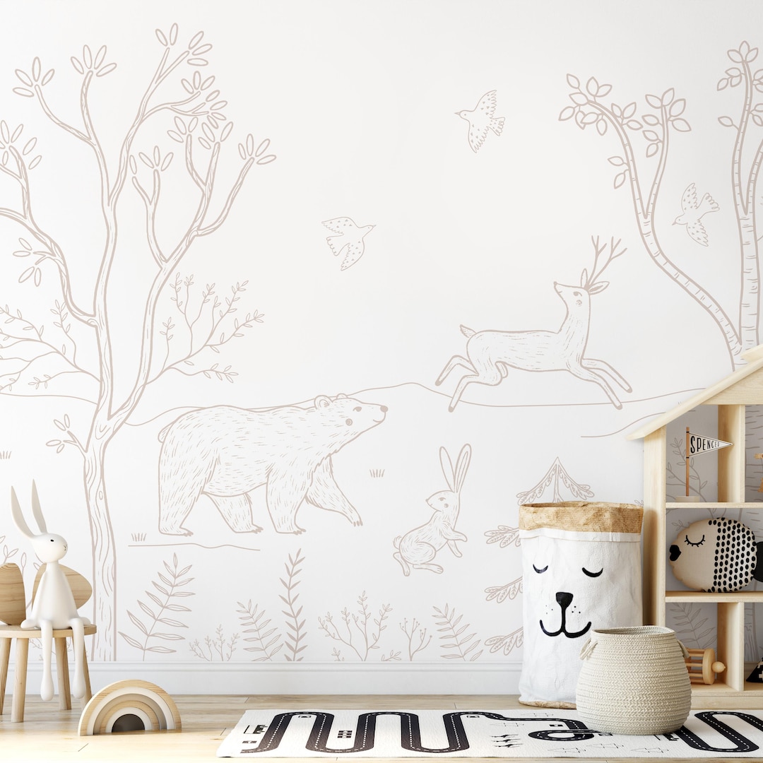 minimal-woodland-nursery-wall-mural-forest-animals-line-art-peel-and