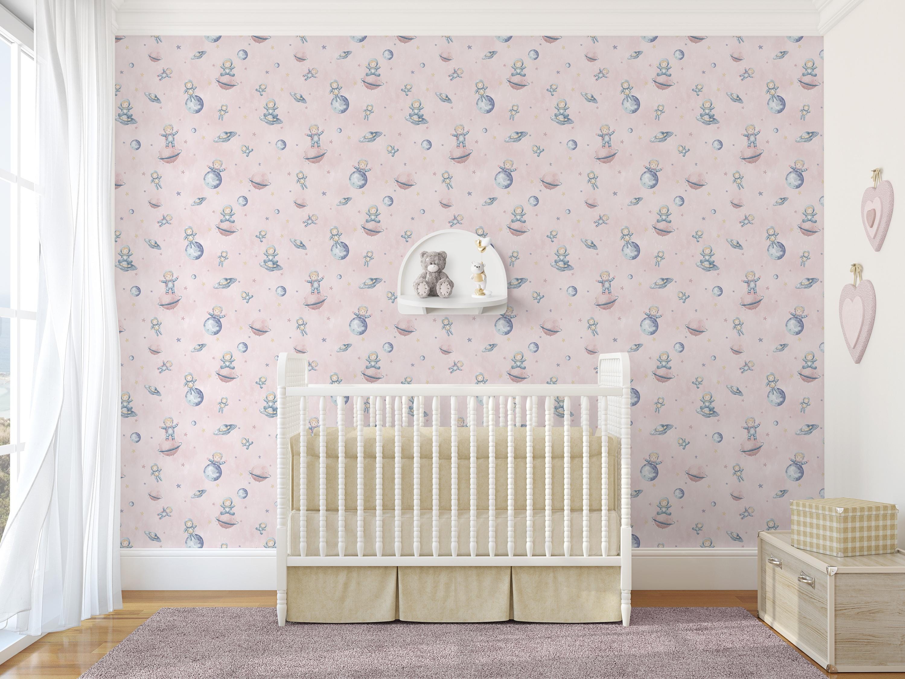 Pastel Pink Astronaut Planets Wallpaper - Nursery Space Stars Peel and ...