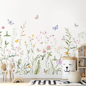 Colored Wildflowers Field Peel & Stick Wall Mural - Flowers Meadow Removable Wallcover - Botanical Garden Self Adhesive Wallpaper SM043