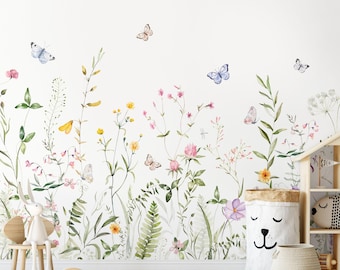 Colored Wildflowers Field Peel & Stick Wall Mural - Flowers Meadow Removable Wallcover - Botanical Garden Self Adhesive Wallpaper SM043