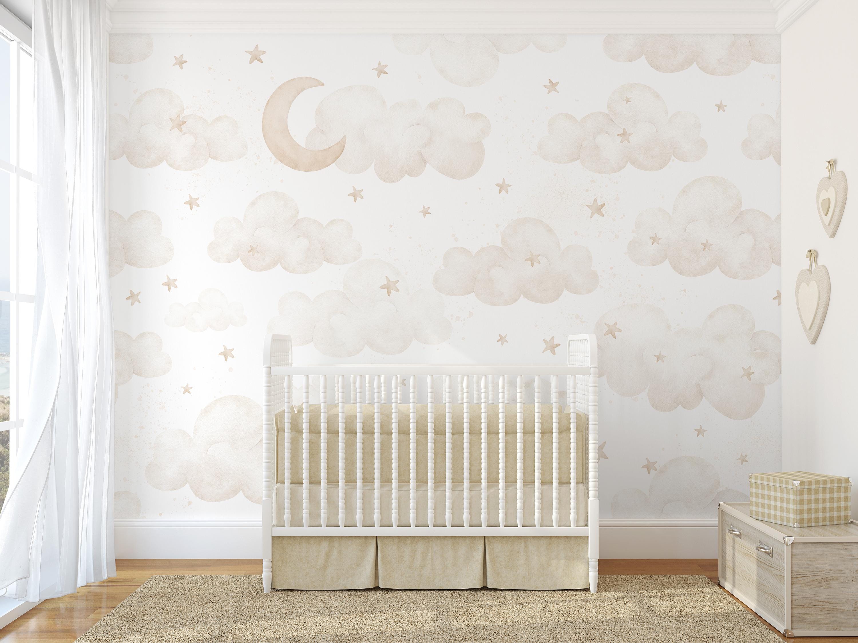 Beige Moon Clouds Stars Wall Mural - Pastel Watercolor Peel and Stick ...