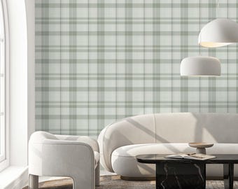 Green Plaid Peel & Stick Wallpaper - Checkered Print Removable Wallcover - Gingham Farmhouse Style Self Adhesive Wall Mural S010