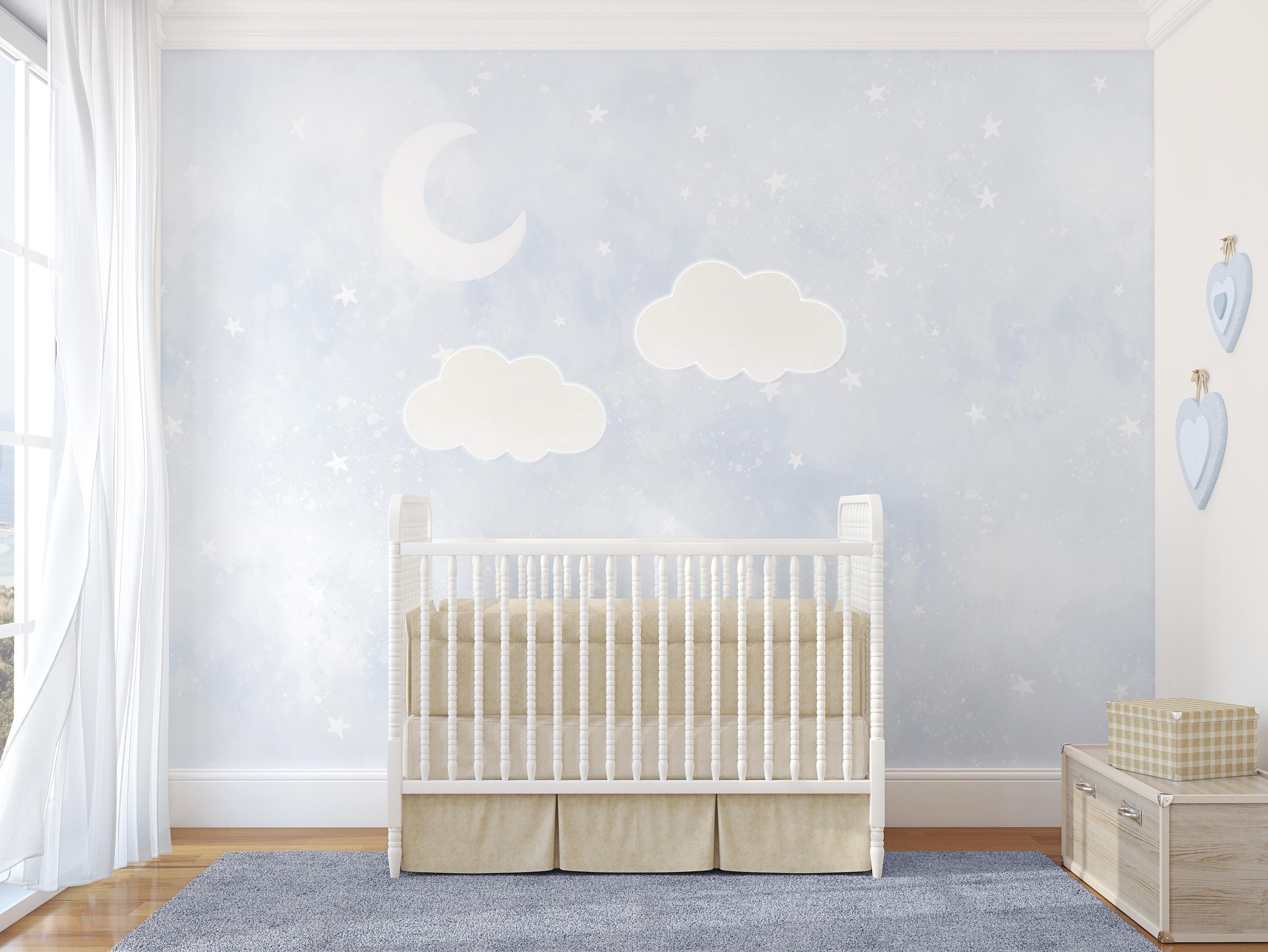 Pastel Blue Moon Stars Peel and Stick Wall Mural - Watercolor Sky ...