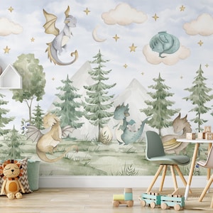 Dragons in Forest Peel & Stick Wall Mural - Cartoon Watercolor Pattern Removable Wallcover - Kids Nursery Self Adhesive Wallpaper SM037