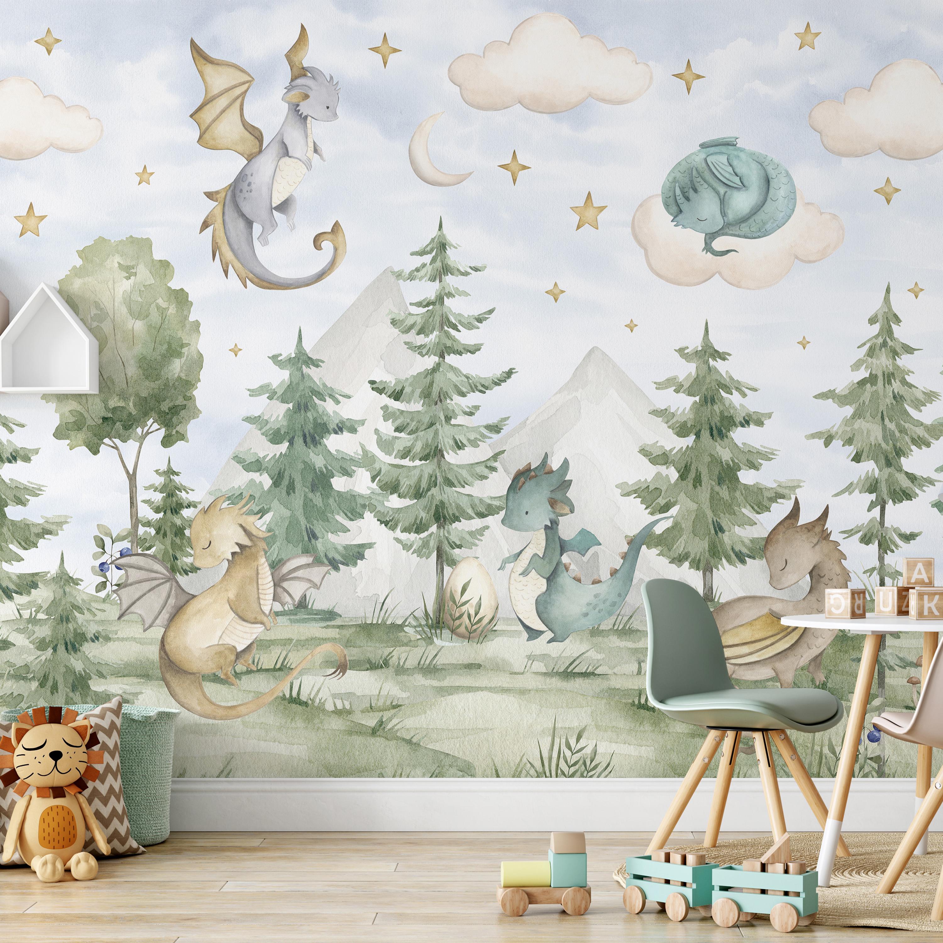 Dragon Nursery Woodland Wallpaper – Watercolor Fantasy Forest Mountains ...