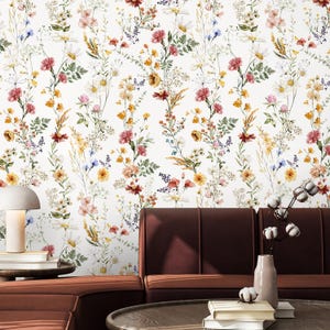 Elegant Red Yellow Wildflowers Peel & Stick Wallpaper - Delicate Floral Removable Wallcover - Botanical Garden Self Adhesive Wall Mural S074