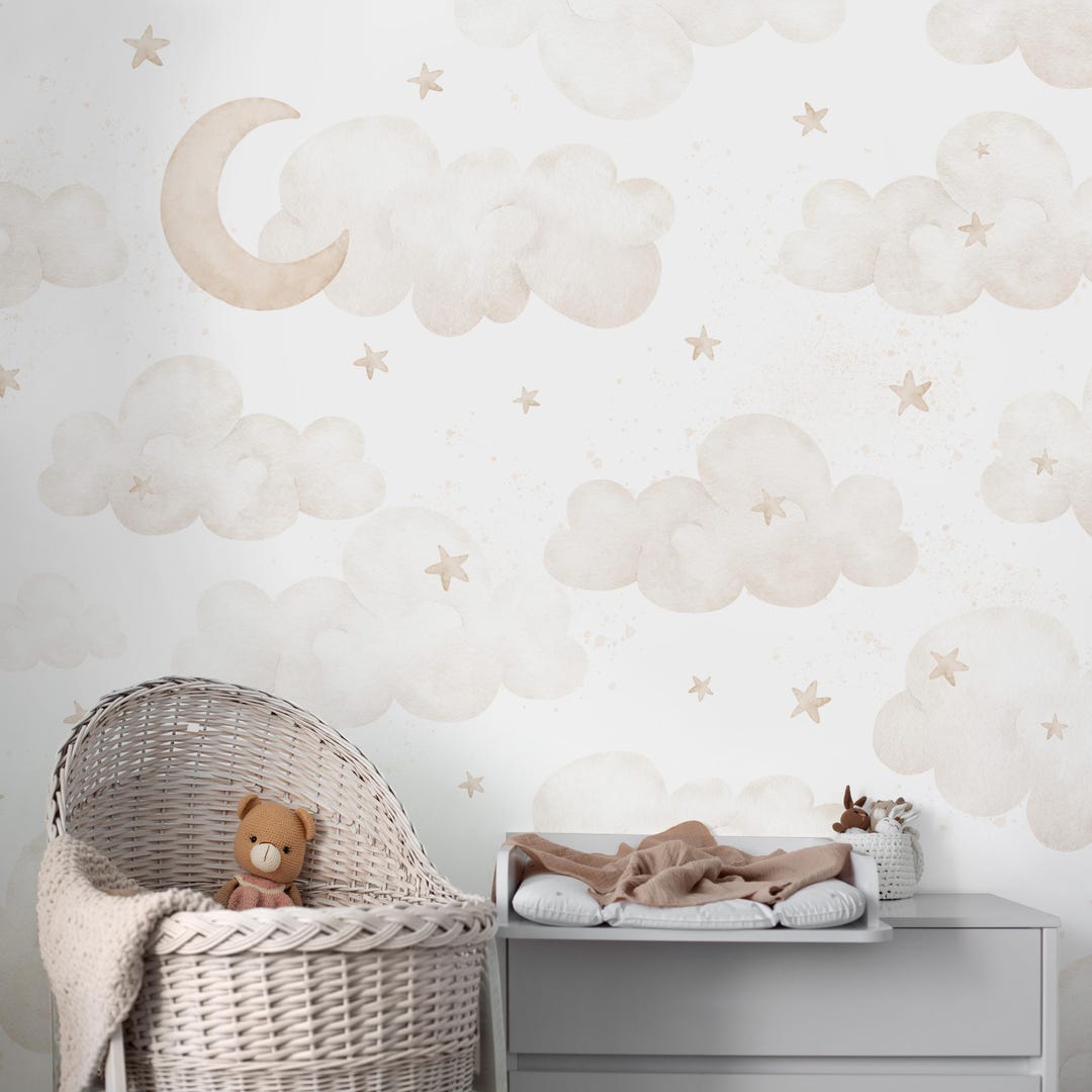 Beige Moon Clouds Stars Wall Mural - Pastel Watercolor Peel and Stick ...