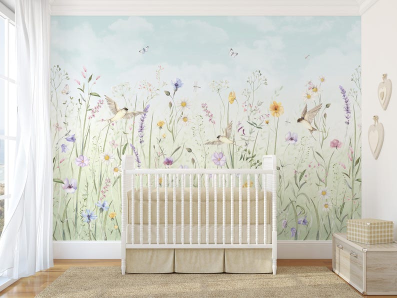 Pastel Wildflower Meadow Nursery Wall Mural - Flowers Botanical Garden ...