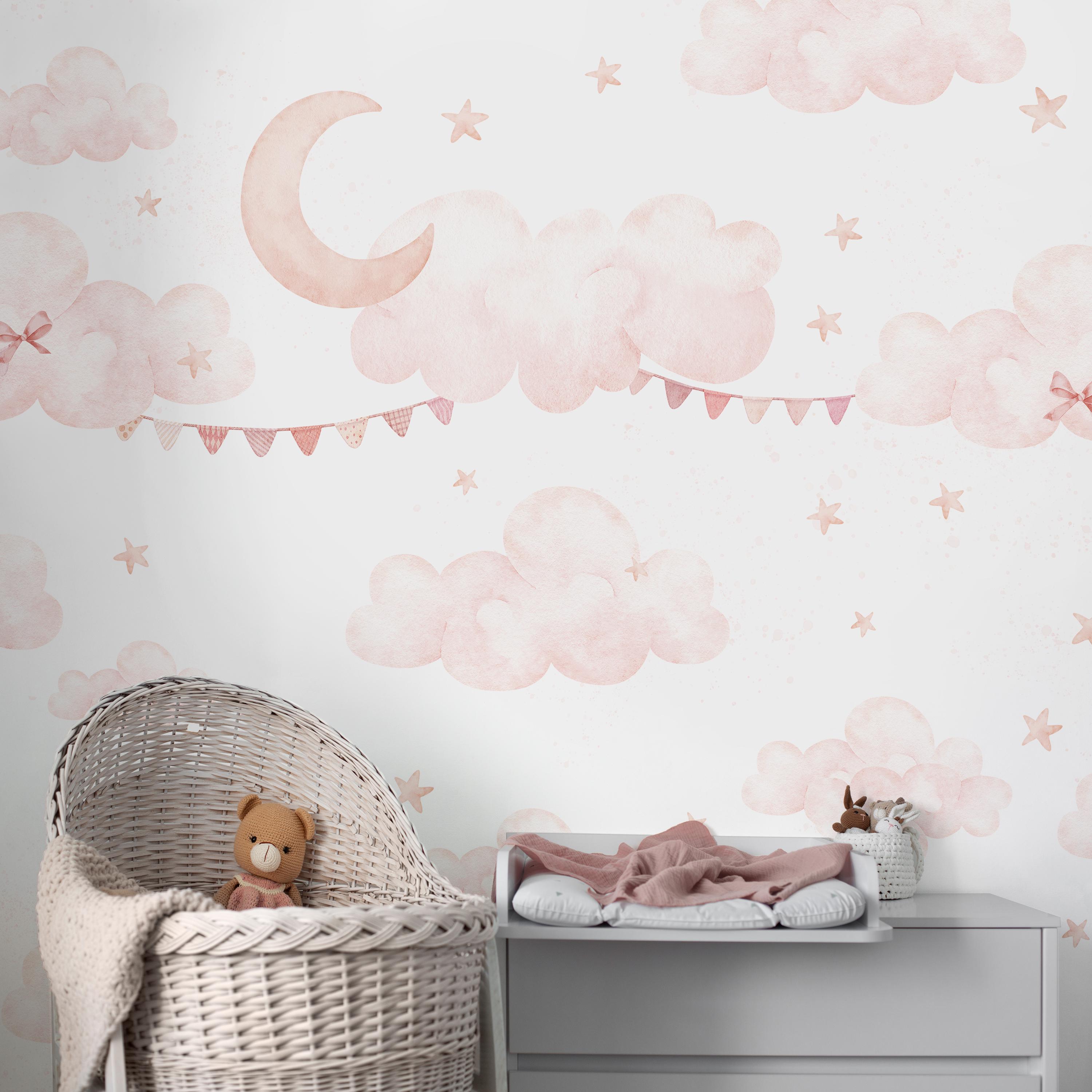 Pink Clouds Moon Wall Mural - Pastel Nursery Peel and Stick Sky Stars ...