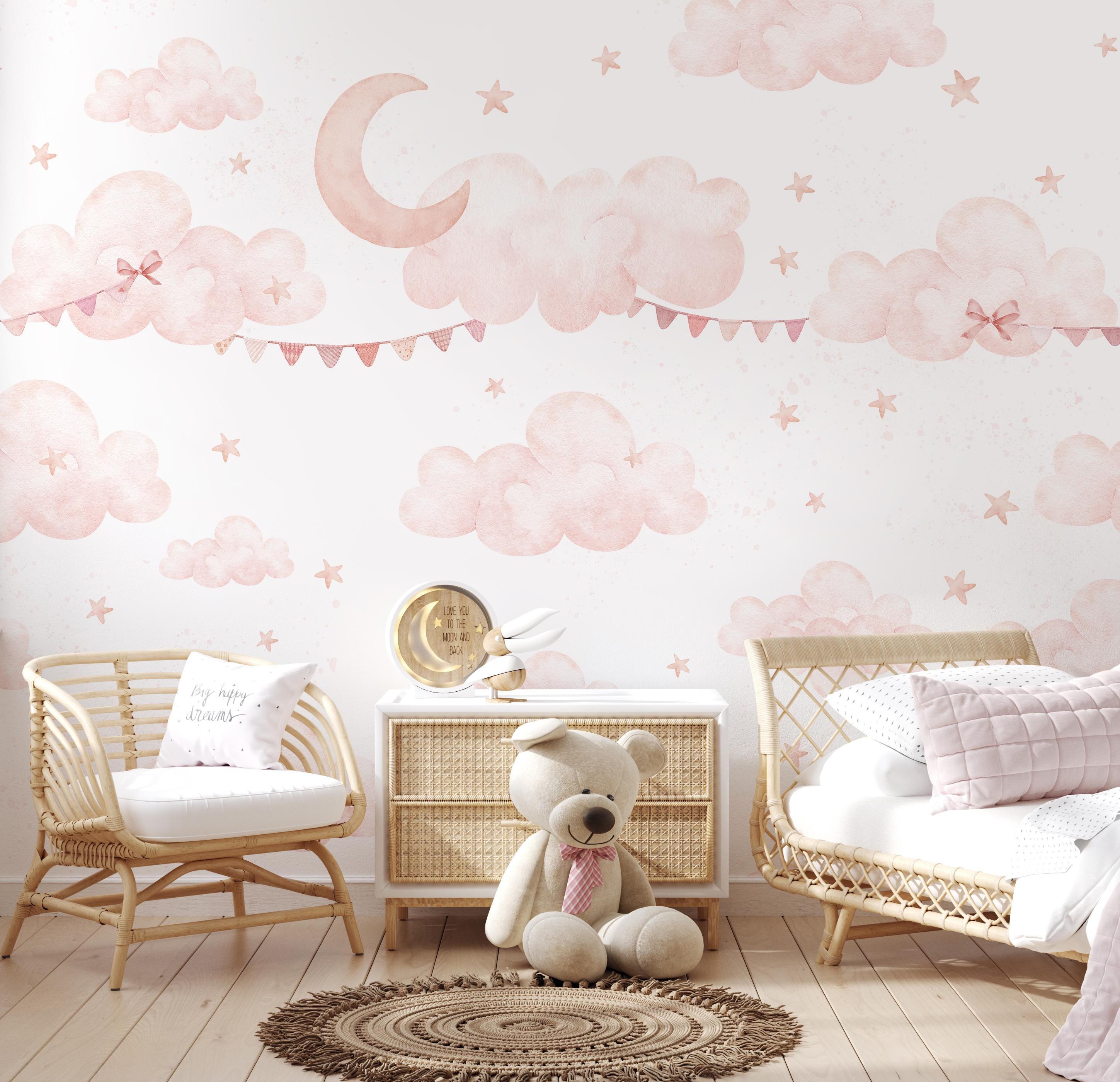 Pink Clouds Moon Wall Mural - Pastel Nursery Peel and Stick Sky Stars ...