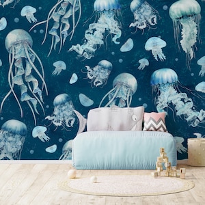 Blue Neon Jellyfish Peel & Stick Wall Mural - Cute Undersea World Removable Wallcover - Kid Nursery Ocean Self Adhesive Wallpaper SM063