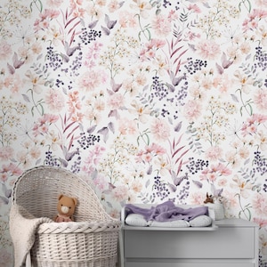 Pink Lilac Flower Bouquet Peel & Stick Wallpaper - Delicate Floral Print Removable Wallcover- Botanical Garden Self Adhesive Wall Mural S062