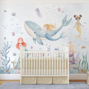 Mermaids and Whale Peel & Stick Wall Mural - Cute Undersea World Removable Wallcover - Kid Nursery Ocean Self Adhesive Wallpaper SM066