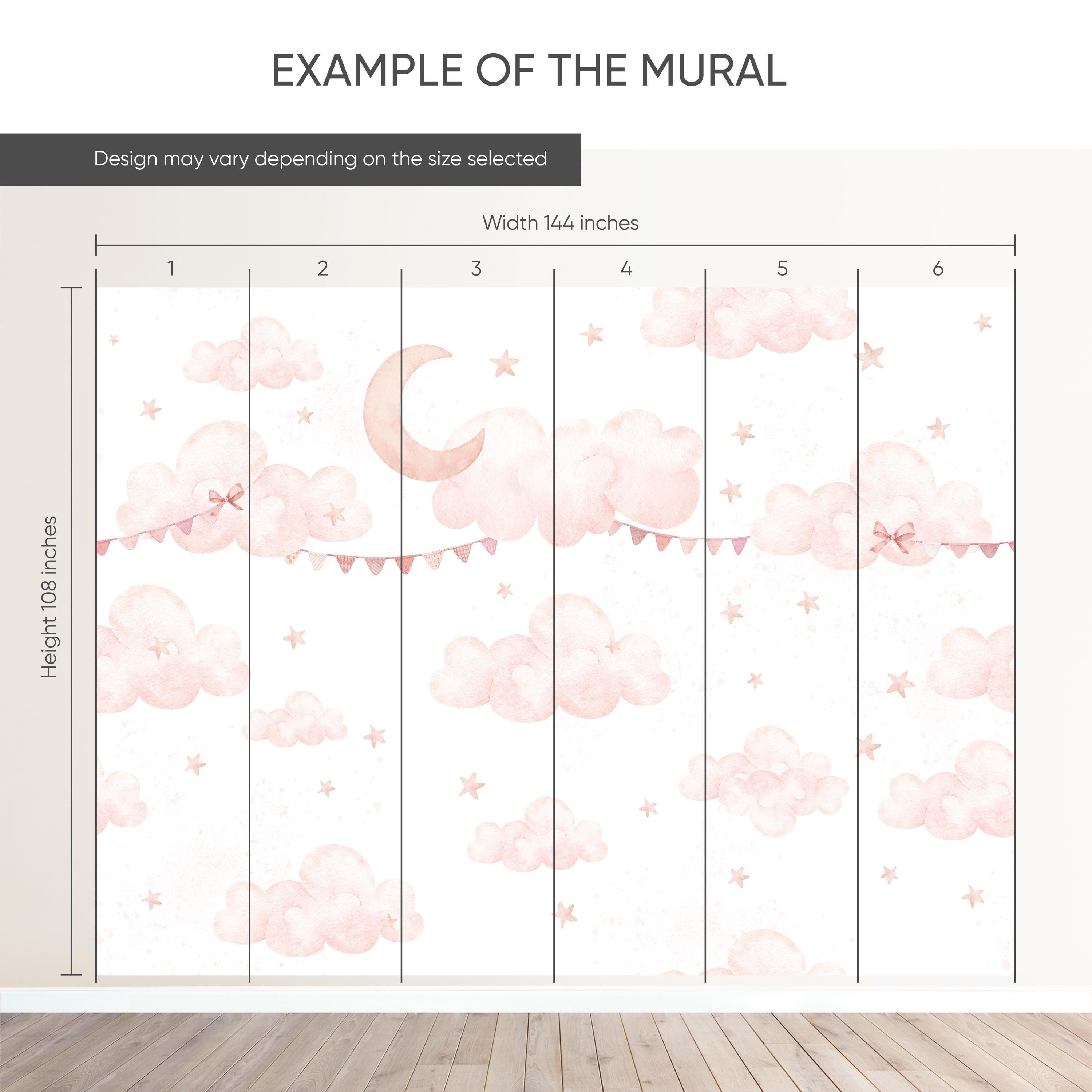 Pink Clouds Moon Wall Mural - Pastel Nursery Peel and Stick Sky Stars ...