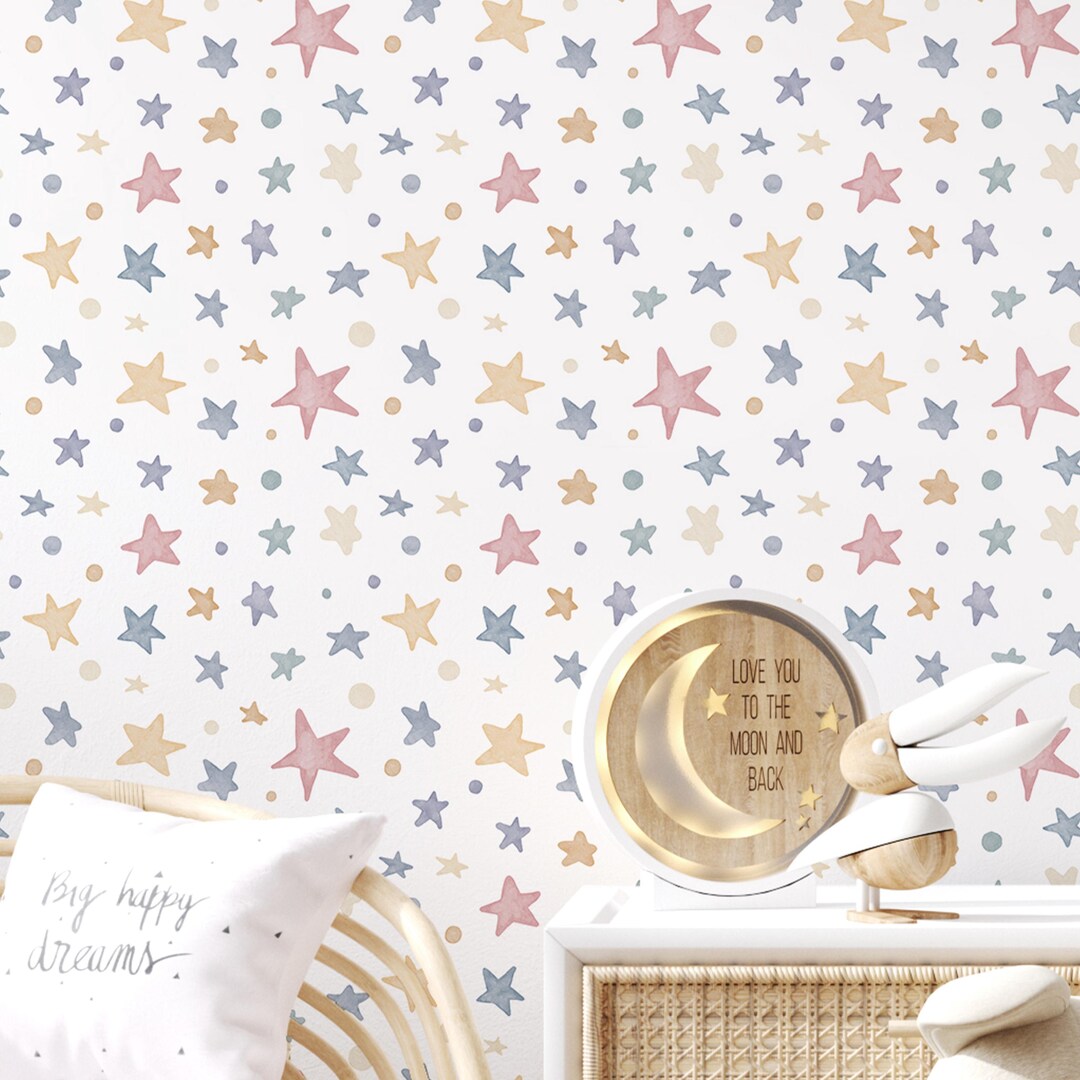Pastel Stars Nursery Wallpaper - Watercolor Peel and Stick Pastel Kids ...