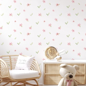 Pink Petite Flowers Peel & Stick Wallpaper - Delicate Minimalist Floral Removable Wallcover - Botanical Garden Self Adhesive Wall Mural S067