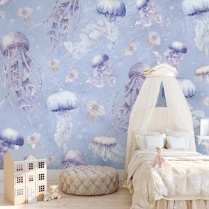 Blue Purple Jellyfish Peel & Stick Wall Mural - Cute Undersea World Removable Wallcover - Kid Nursery Ocean Self Adhesive Wallpaper SM062