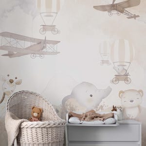 Cartoon Animal Air Balloon Peel & Stick Wall Mural -Elephant Giraffe Beige Wallcover - Airplane Self Adhesive Removable Kids Wallpaper SM002
