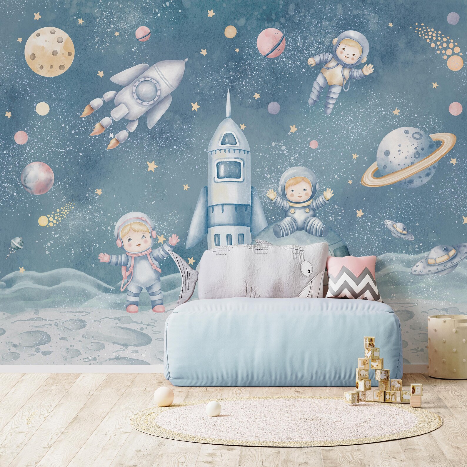 Pastel Blue Astronauts & Rockets Peel and Stick Wall Mural - Cute Space ...