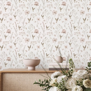 Neutral Floral Peel & Stick Wallpaper - Tiny Painted Wildflowers Removable Wallcover - Botanical Garden Self Adhesive Wall Mural S065