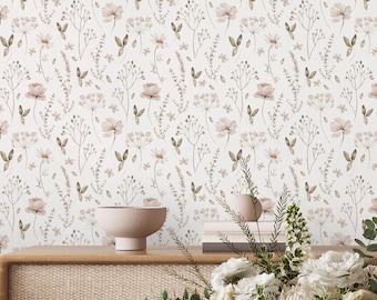 Neutral Floral Peel & Stick Wallpaper - Tiny Painted Wildflowers Removable Wallcover - Botanical Garden Self Adhesive Wall Mural S065