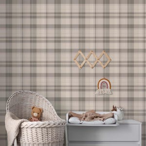 Beige Brown Plaid Peel & Stick Wallpaper - Checkered Print Removable Wallcover - Gingham Farmhouse Style Self Adhesive Wall Mural S006