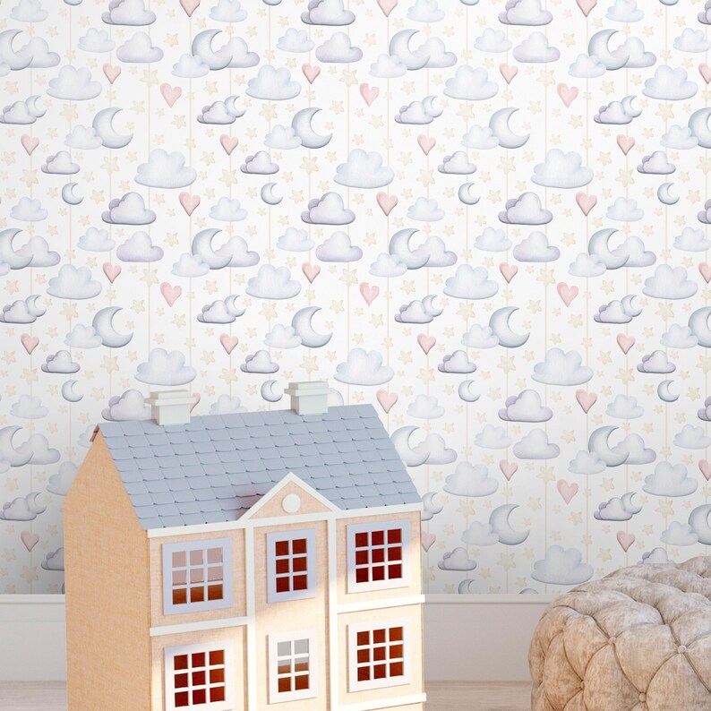 Clouds Moon & Hearts Peel and Stick Wallpaper - Pastel Watercolor ...