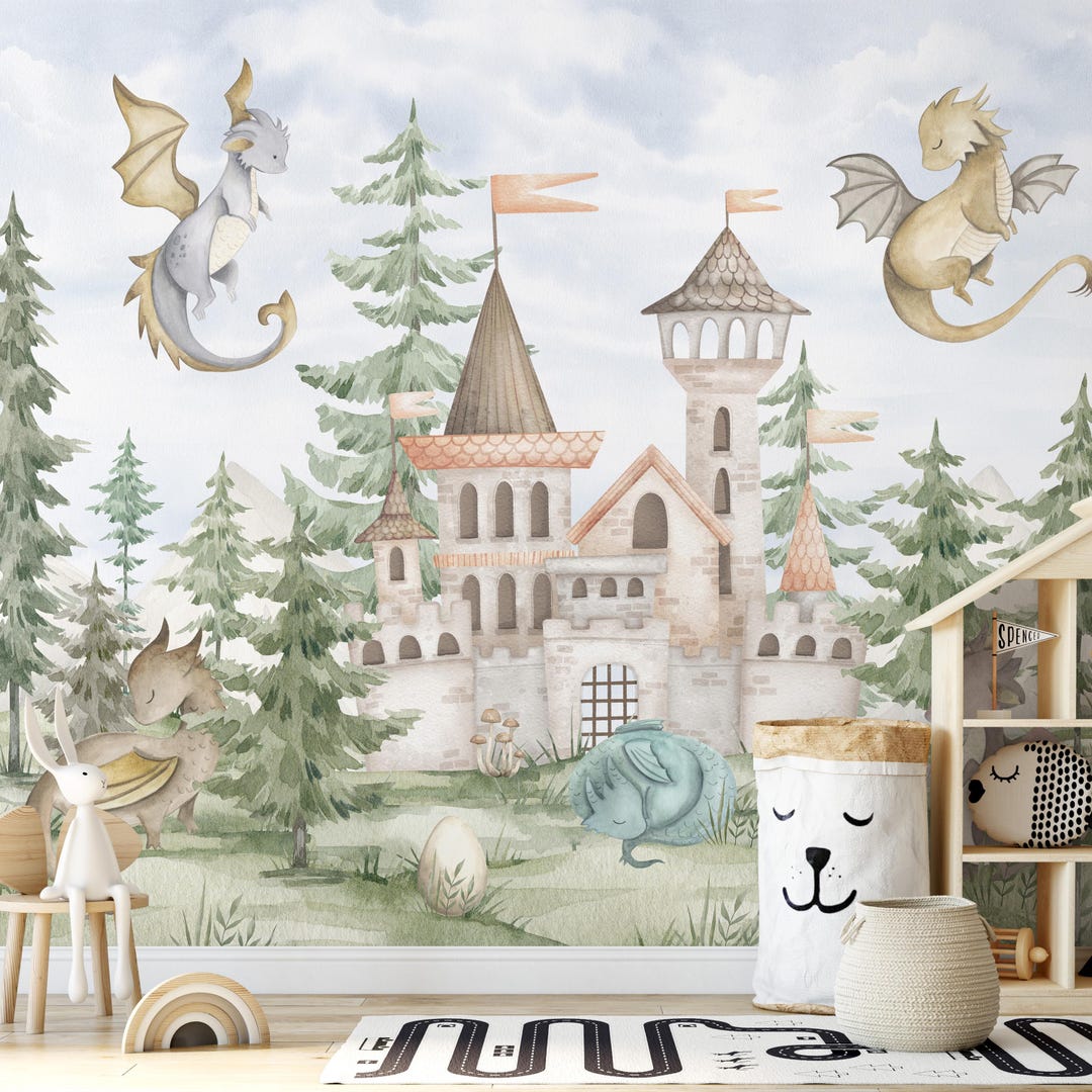 Dragons Castle Nursery Wallpaper With Watercolor Kids Forest SM038 - Etsy